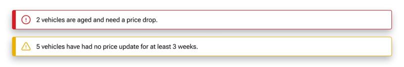 Timed Sale listing page displaying pricing alerts and tooltips explaining why a vehicle cannot be activated and when a price update is needed.