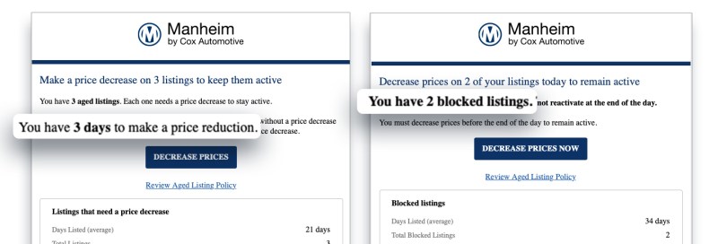 Examples of OVE email notifications alerting sellers to reduce prices on aged listings and unblock listings that no longer meet pricing requirements.