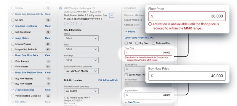 Examples of Manheim email notifications informing sellers that aged listings require a price reduction or have been blocked due to pricing requirements.