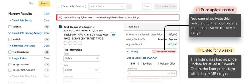 Timed Sale listing screen showing floor price and buy now price fields, with a warning that the floor price must be reduced within the MMR range before the listing can be activated.